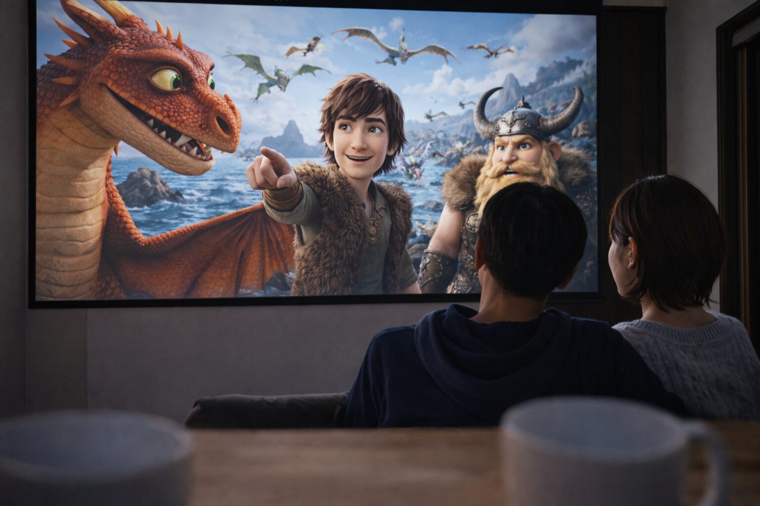 巨大スクリーンで映画を楽しむ春の夜